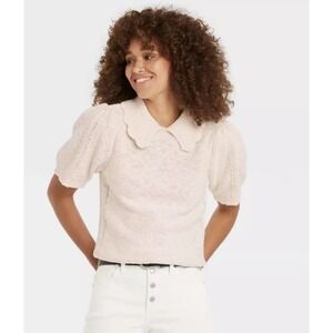 Universal Thread Knit Top XS Short Sleeve Peter Pan Collar Pullover Beige